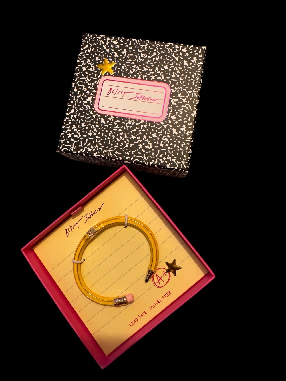 Betsey Johnson Pencil Hinged Bangle Bracelet NWT Teacher Gift Yellow Enamel - Picture 2 of 6